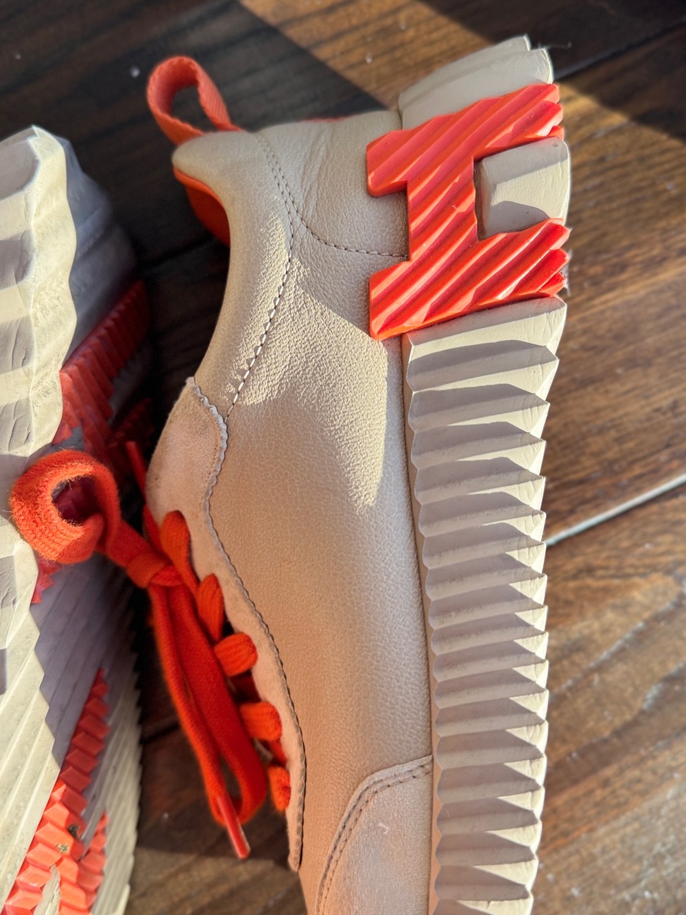 Hermes Tan Suede Sneakers with Bright Orange Accents - Picture 3 of 7